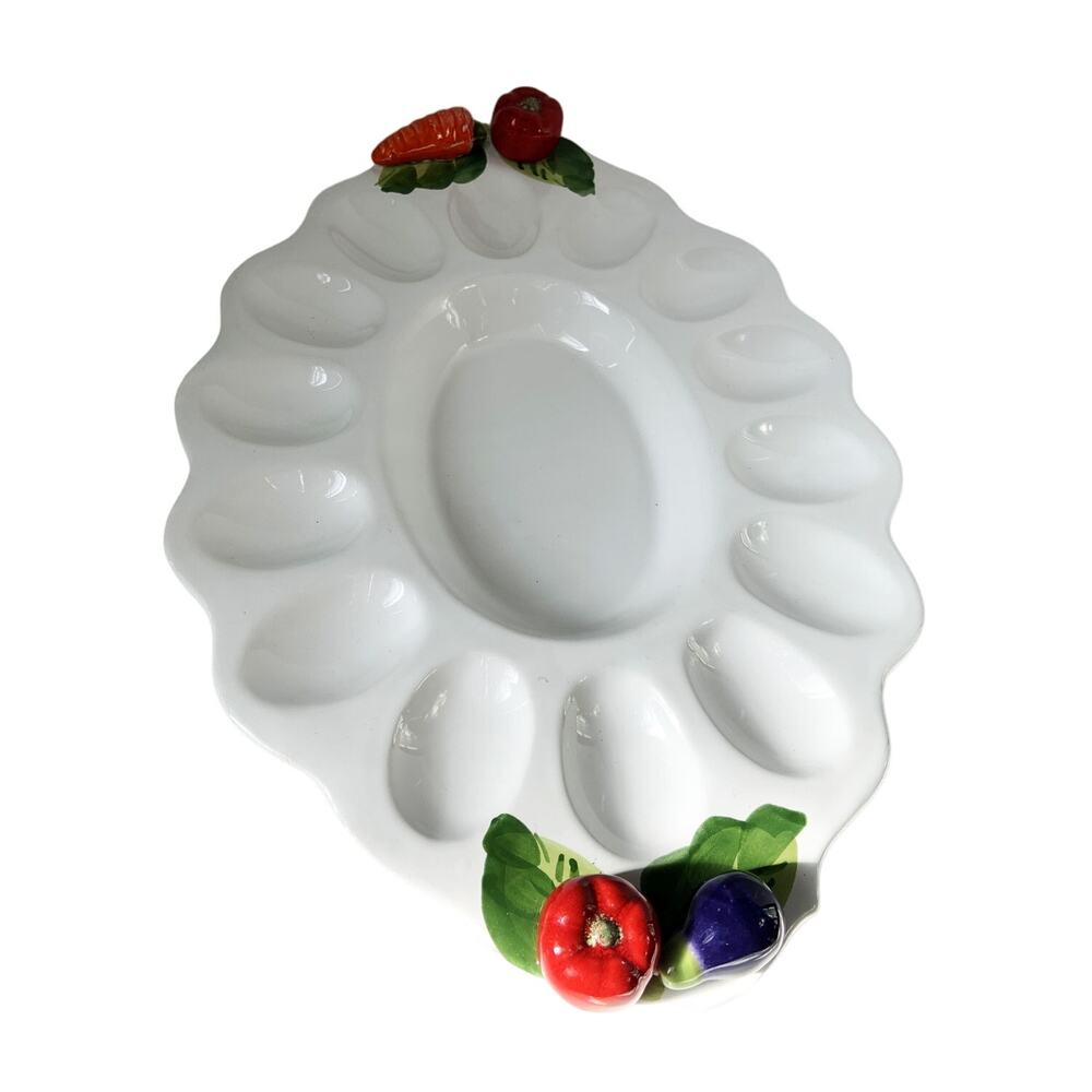 Vintage Italian Pottery Deviled Egg Trays White w/ Porcelain Vegetables on Ends